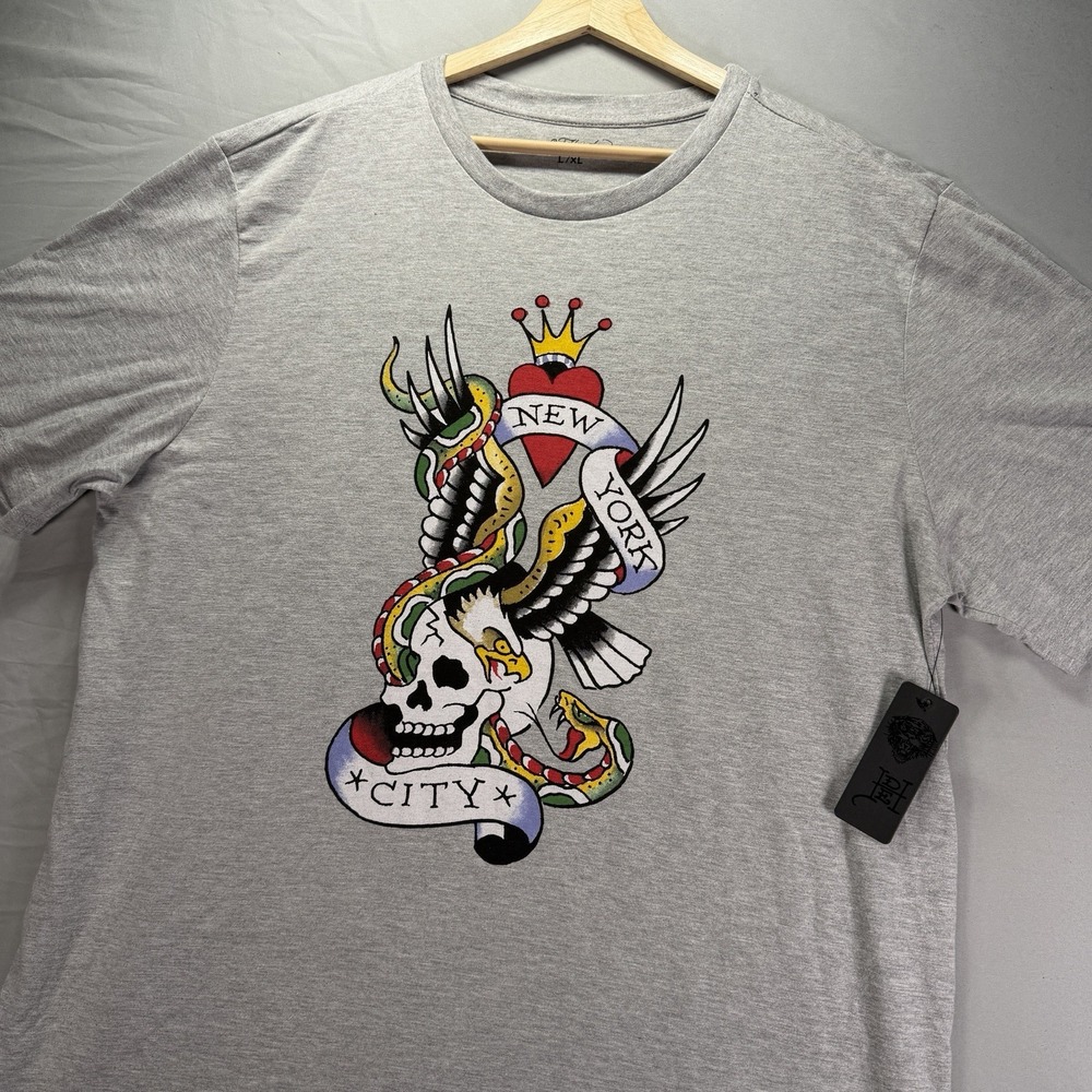Ed Hardy Shirt Mens XL Gray Short Sleeve Graphic Print New York City Skate Y2K